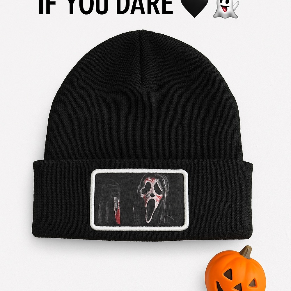 Ghost Face Black Beanie spooky Halloween knit black beanie